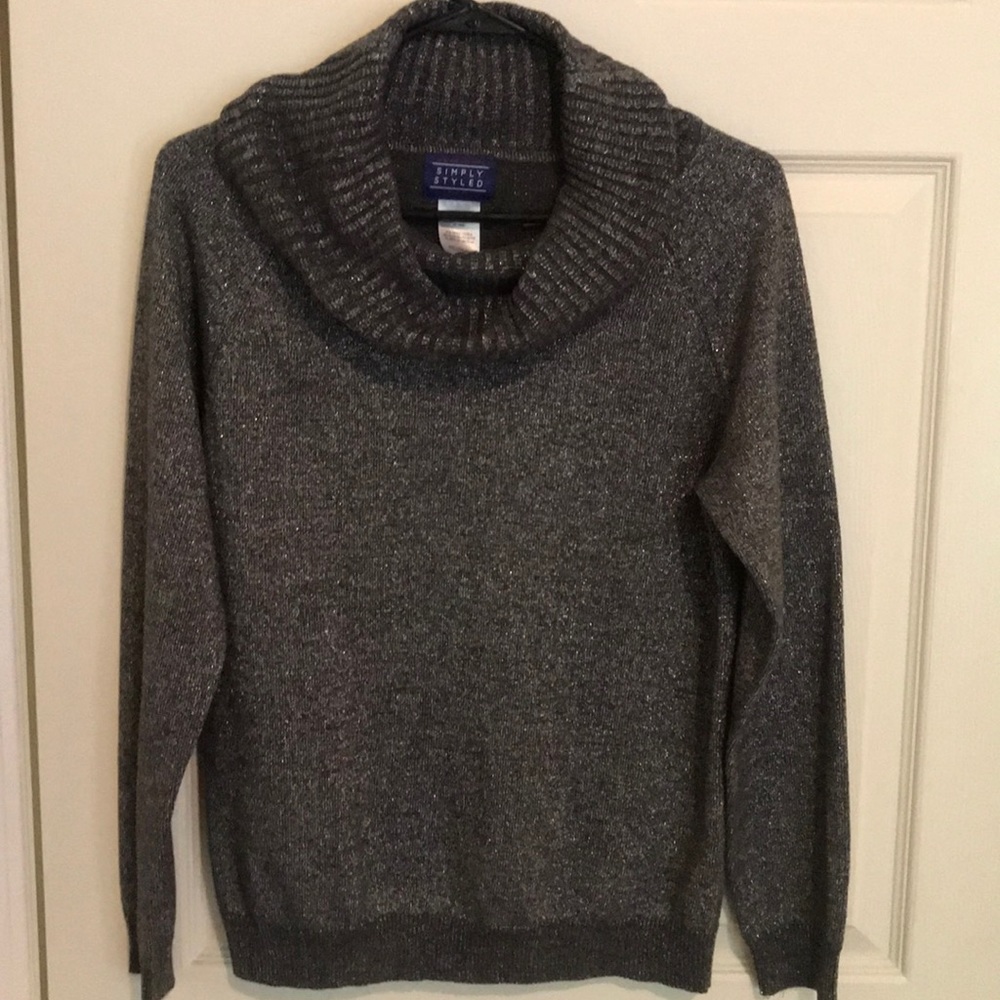 Cowl neck sweater with silver on gray sparkles
